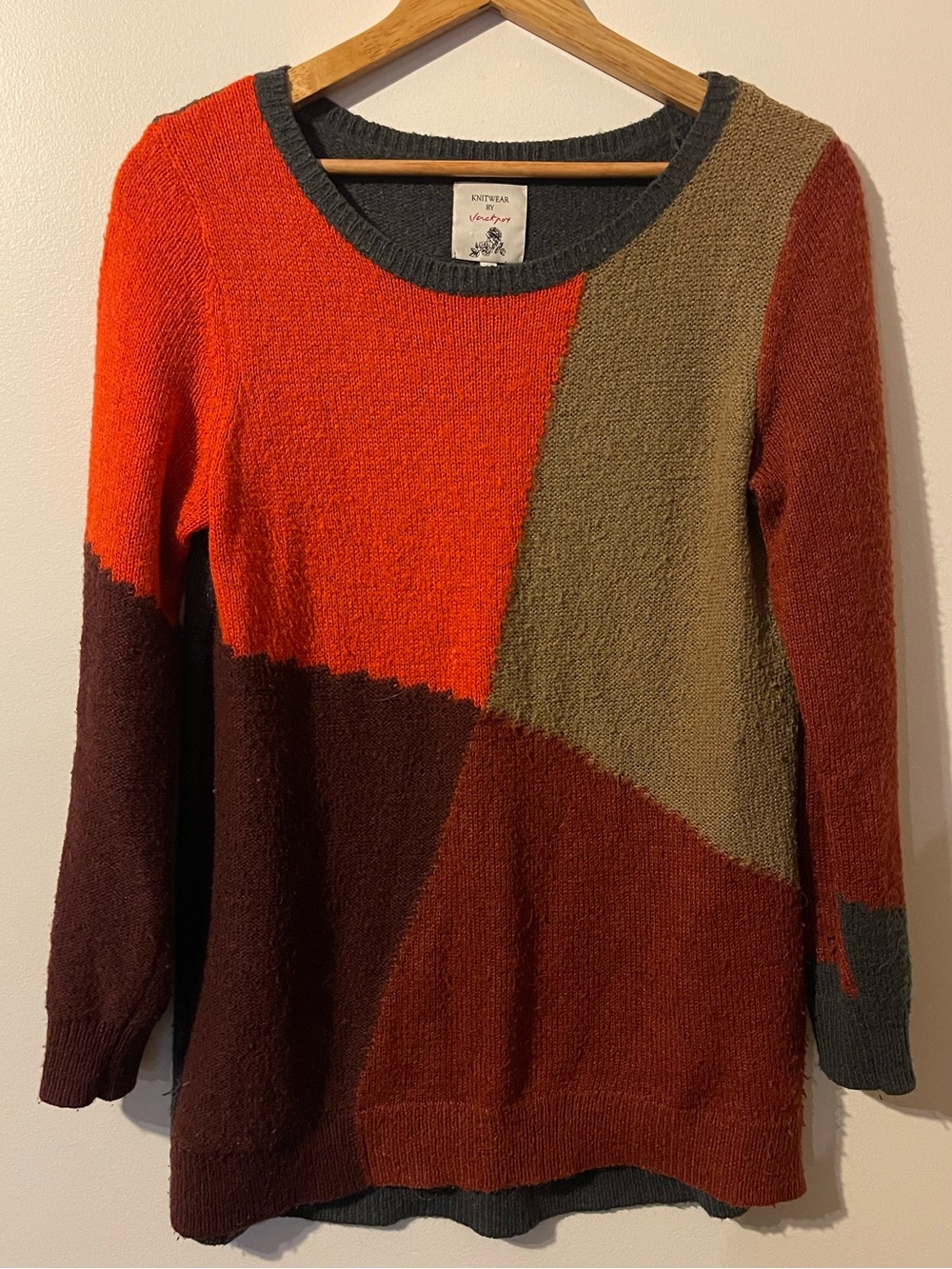 Jackpot Mohair Blend Colorblock Geometric Knit Tunic Sweater Orange Large